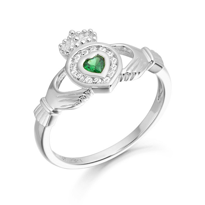 Silver Claddagh Ring looks truly Irish set with synthetic Emerald - SCL38