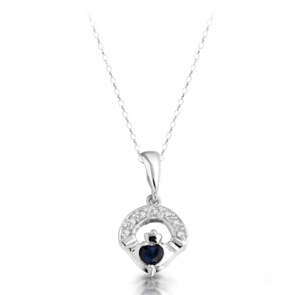 Silver Claddagh Pendant with Heart shape Cubic Zirconia Sapphire set in place of the Heart.