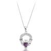 Silver Claddagh Pendant with a heart shaped CZ Amethyst stone in the centre surrounded by a halo of CZ stones.