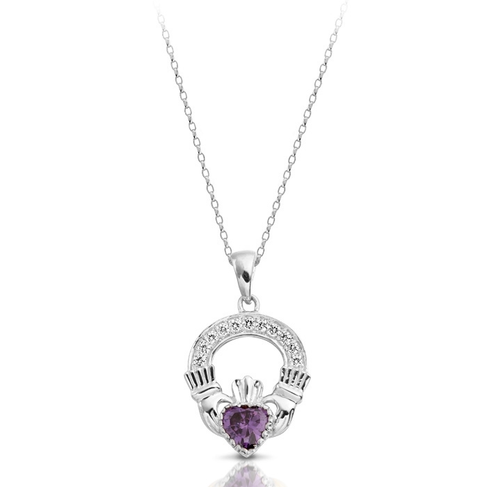Silver Claddagh Pendant with a heart shaped CZ Amethyst stone in the centre surrounded by a halo of CZ stones.