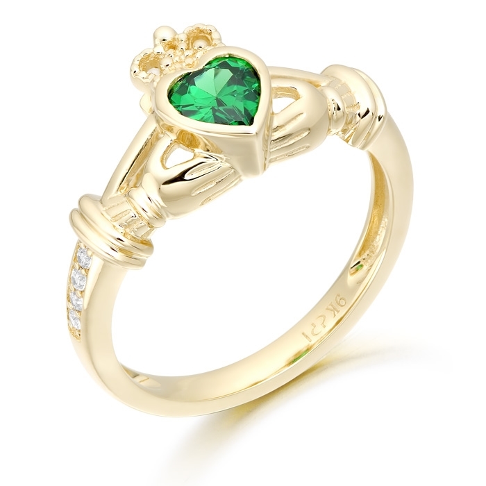 9ct Gold CZ Claddagh Ring with Heart Shape Emerald CZ Gemstone - CL44G