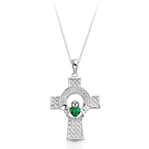 Silver Emerald Claddagh Cross Pendant combined with Celtic Knot - SC126G