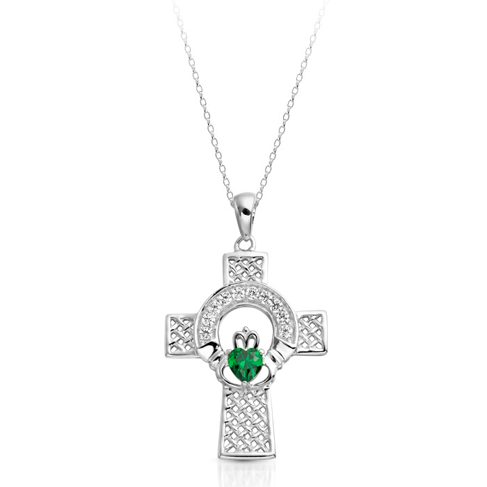 Silver Emerald Claddagh Cross Pendant combined with Celtic Knot - SC126G