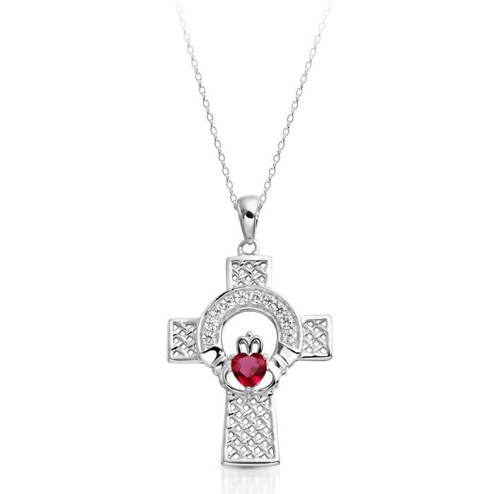 Silver Ruby Claddagh Cross Pendant combined with Celtic Knot Design - SC126R