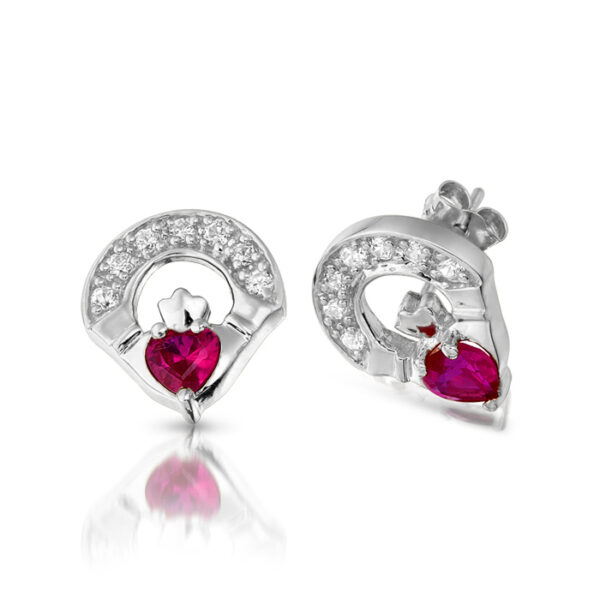 Silver Claddagh Earrings Studded with CZ and Synthetic Ruby.