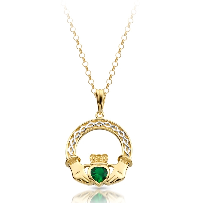 9ct Gold Claddagh Necklace Combined with Celtic Knot design and studded with Emerald Cubic Zirconia - P023G