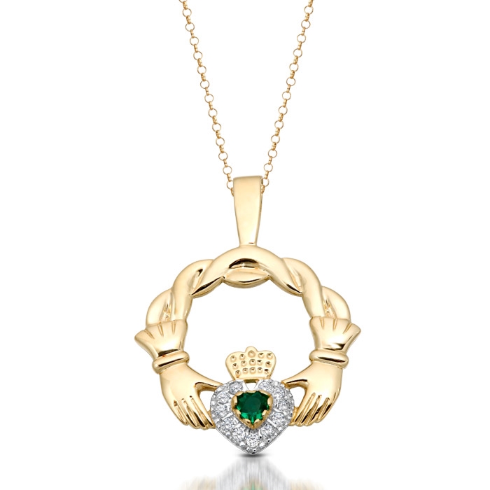 9ct Gold Claddagh Pendant studded with CZ Emerald - P133