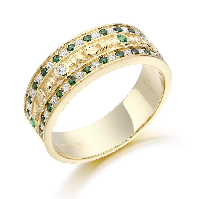 Claddagh Wedding Ring studded with repeat pattern of Emerald and CZ in Micro Pavé stone setting - CL17GG