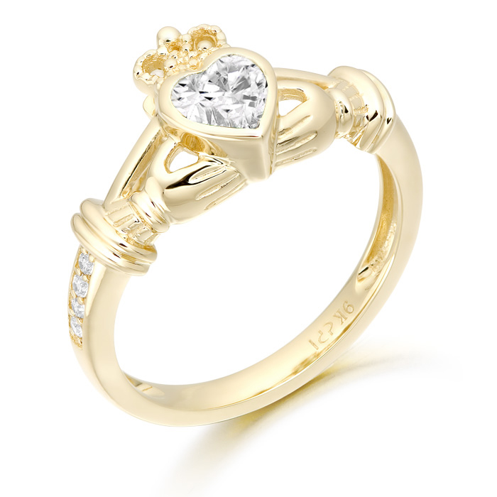 9ct Gold CZ Claddagh Ring with stones on shoulders - CL44