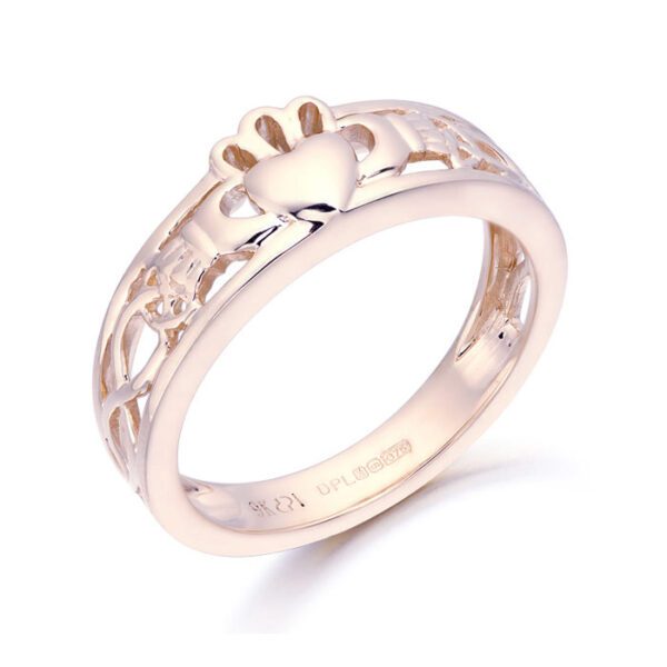 9ct Rose Gold Claddagh Ring with Celtic Design - CL3R