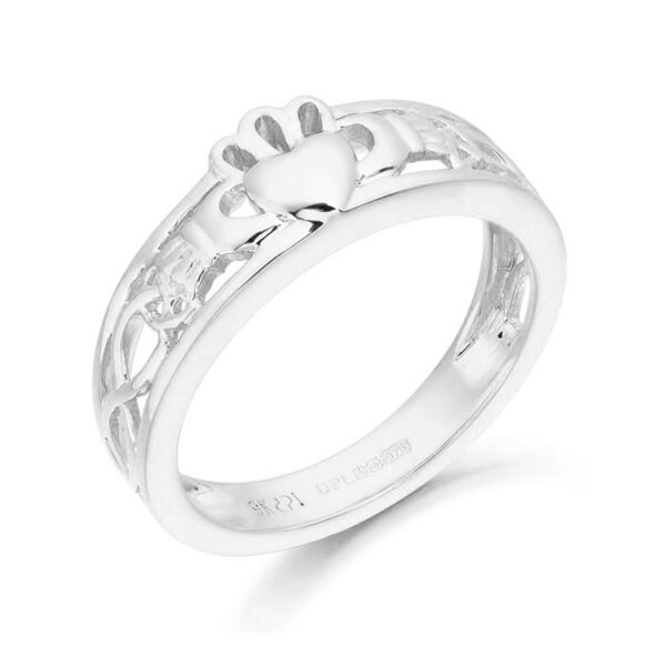 9ct White Gold Claddagh Ring with Celtic Design - CL3W