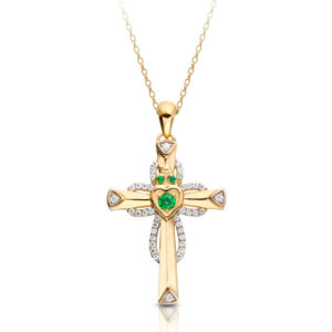 9ct Gold CZ Emerald Claddagh Cross - C140