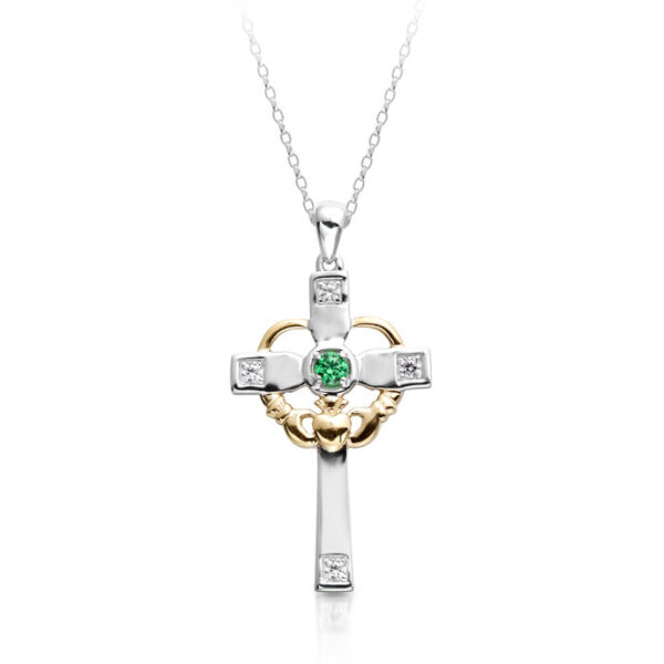 9ct White Gold CZ Claddagh Cross in well known traditional Irish Claddagh design - C139