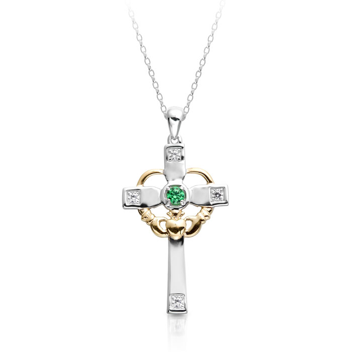 9ct White Gold CZ Claddagh Cross in well known traditional Irish Claddagh design - C139