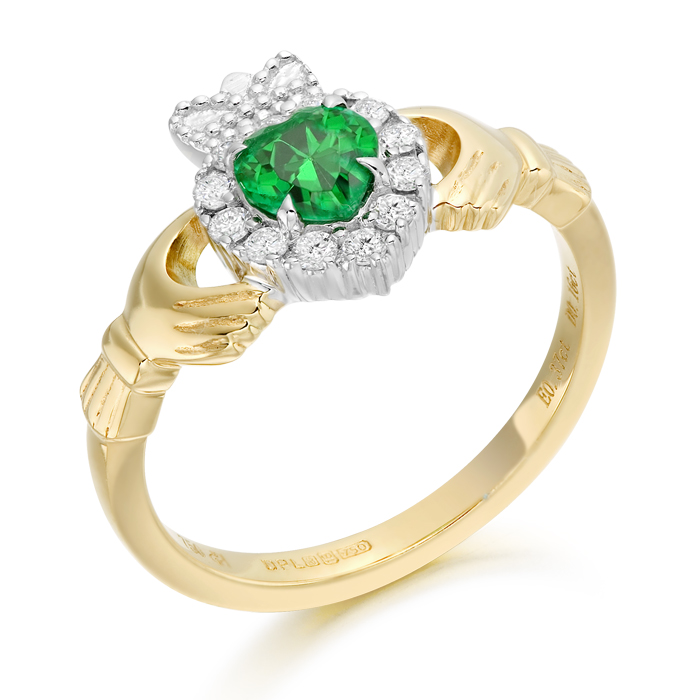 18ct Gold Diamond and Emerald Claddagh Ring