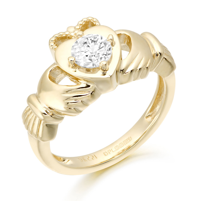 9ct Gold Solitare CZ Claddagh Ring - CL51