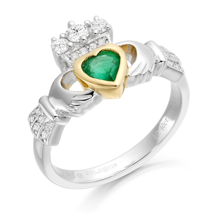 18ct White Gold Emerald and Diamond Claddagh Ring - CLDIA3W