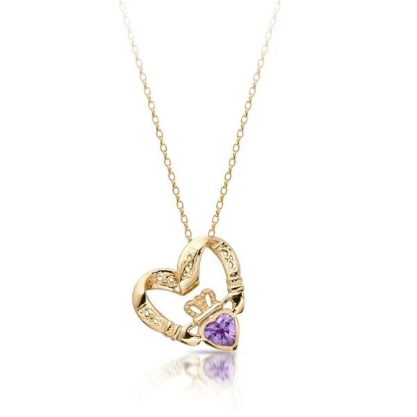 9ct Gold Floating Heart Claddagh Pendant enhanced with glistening Cubic Zirconia Amethyst embellished Heart - P058AS