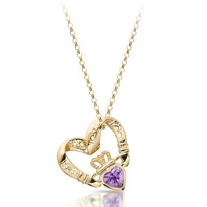 Claddagh Pendant in Floating Heart Shape with Amethyst CZ and combined with Celtic Knot Design - P058A