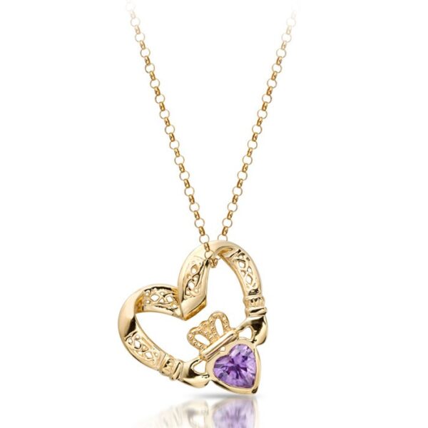 Claddagh Pendant in Floating Heart Shape with Amethyst CZ and combined with Celtic Knot Design - P058A