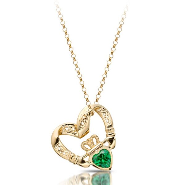Claddagh Pendant in Floating Heart Shape with Emerald CZ and combined with Celtic Knot Design - P058G