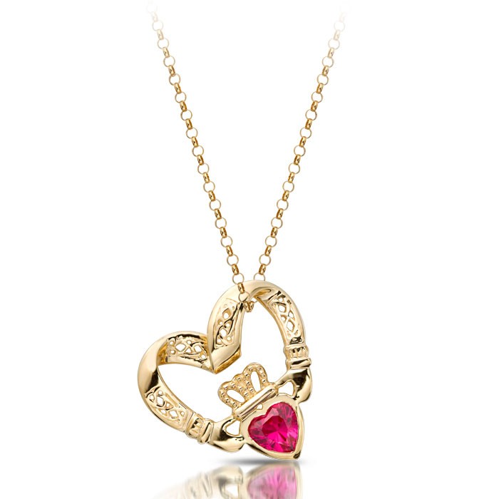 Claddagh Pendant in Floating Heart Shape with Ruby CZ and combined with Celtic Knot Design - P058R