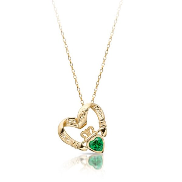 9ct Gold Emerald Floating Heart Claddagh Pendant-P058GS