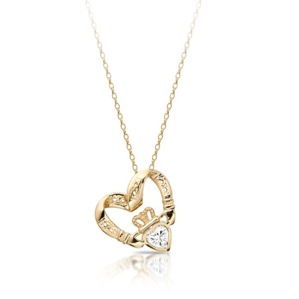 9ct Gold Floating Heart Claddagh Pendant enhanced with glistening Cubic Zirconia-embellished Heart - P058CZS