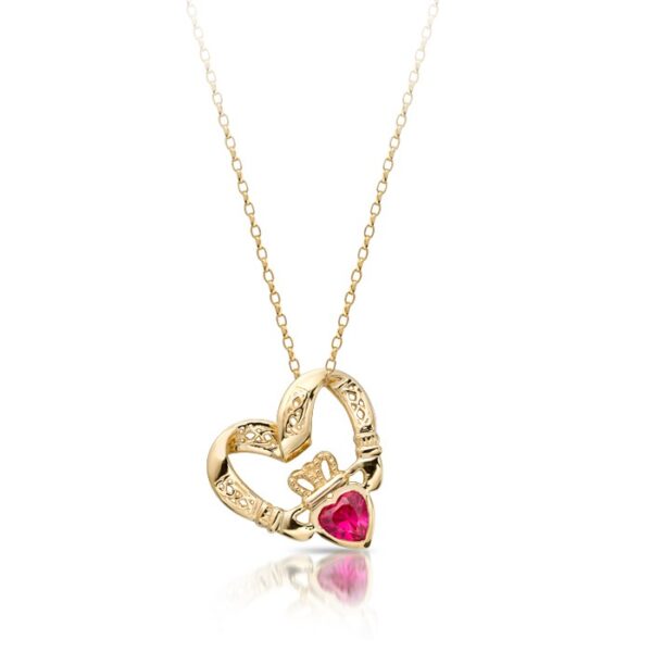 9ct Gold Floating Heart Claddagh Pendant enhanced with glistening Cubic Zirconia Ruby embellished Heart - P058RS