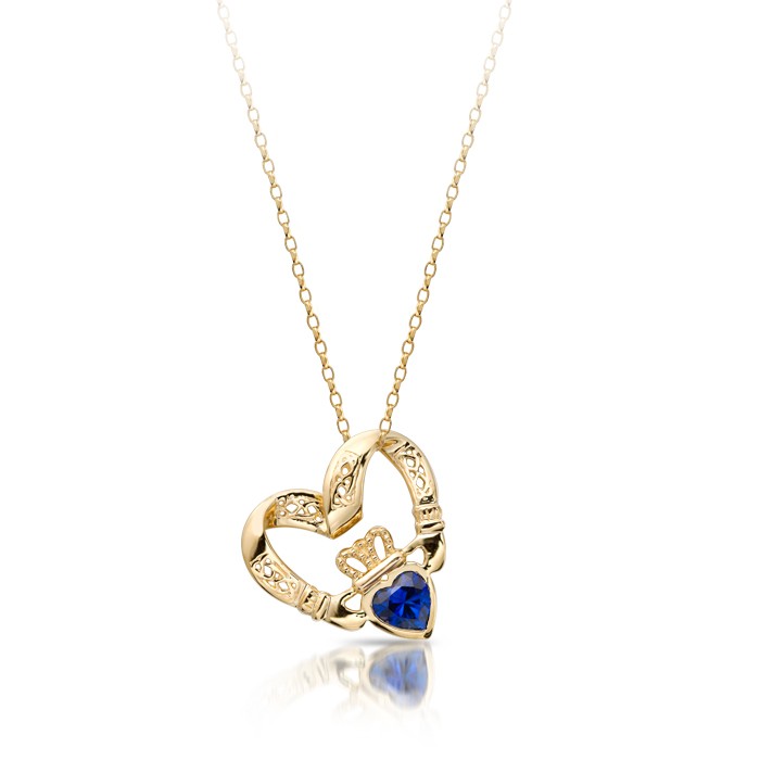 9ct Gold Sapphire Floating Heart Claddagh Pendant-P058SS