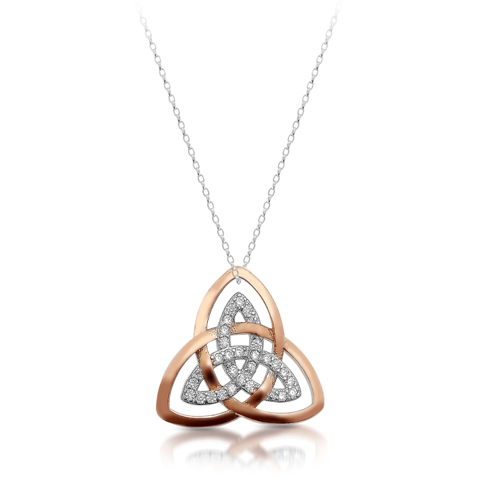 Silver Trinity Knot Celtic Pendant with Rose Gold Plating and stidded with CZ - SP89