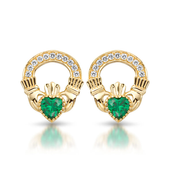9ct Gold CZ Emerald Claddagh Earrings-E188G