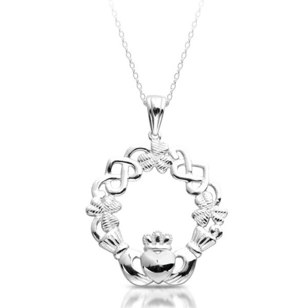 Silver Claddagh Pendant with Celtic Knot and Shamrock-SP056